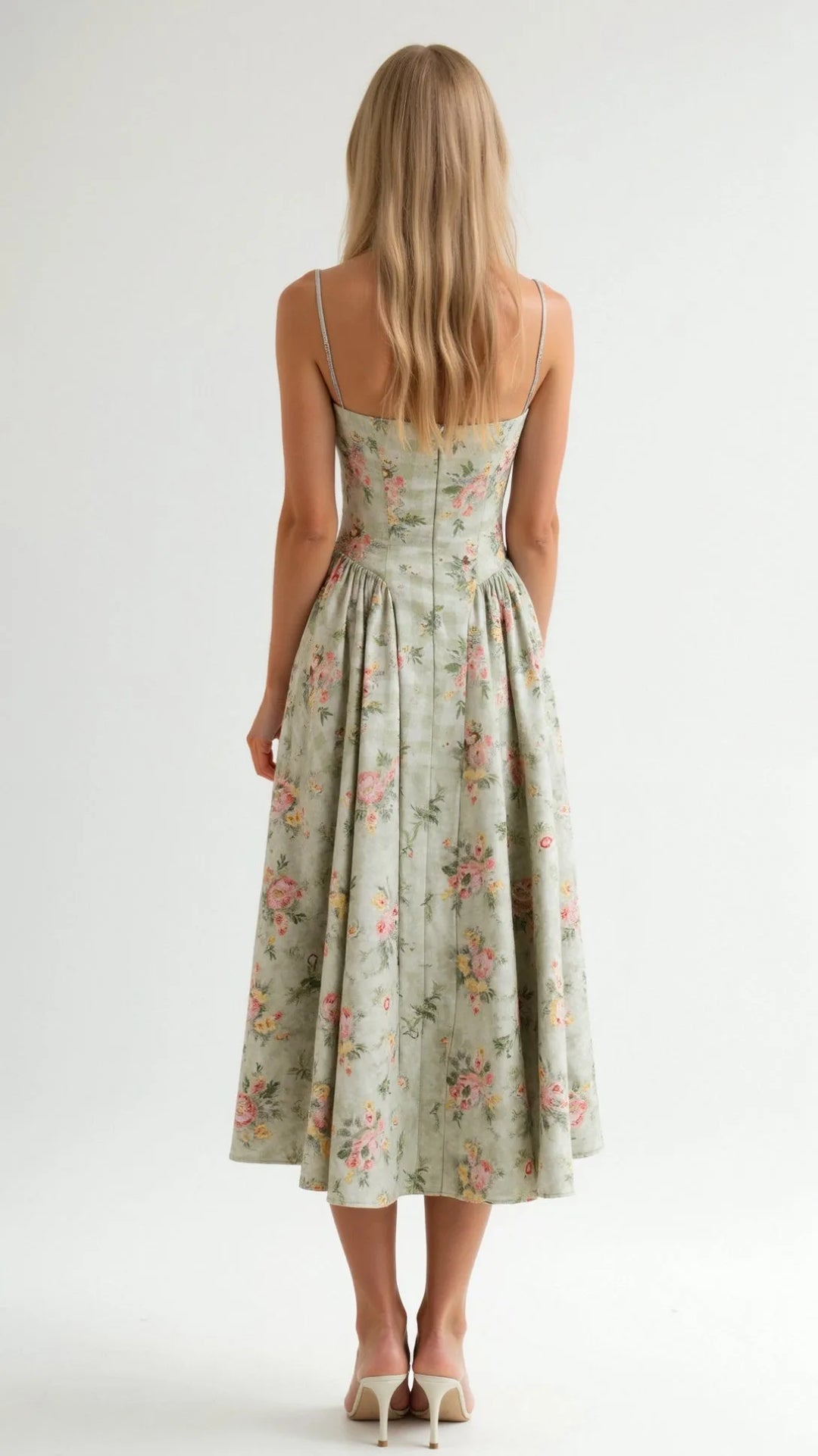 Green floral corset midi dress on model at three-quarter turn