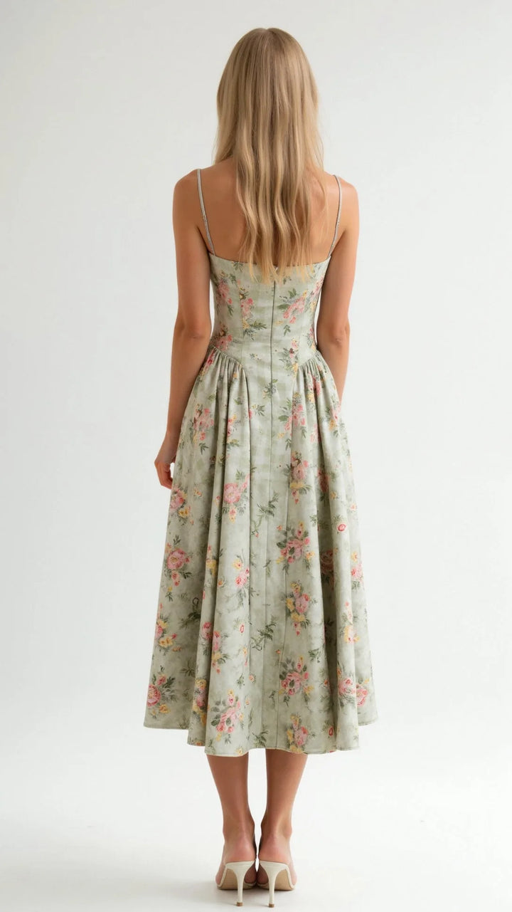 Green floral corset midi dress on model at three-quarter turn