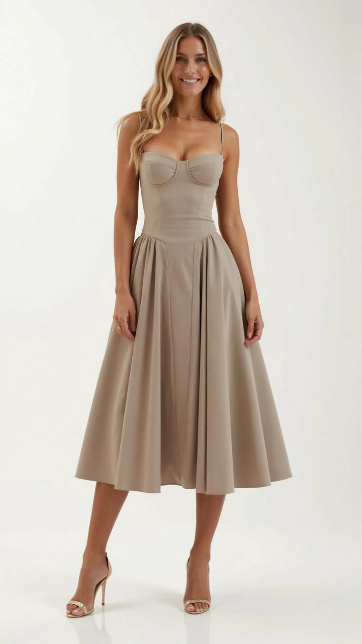 Khaki floral corset midi dress on model, full-length view