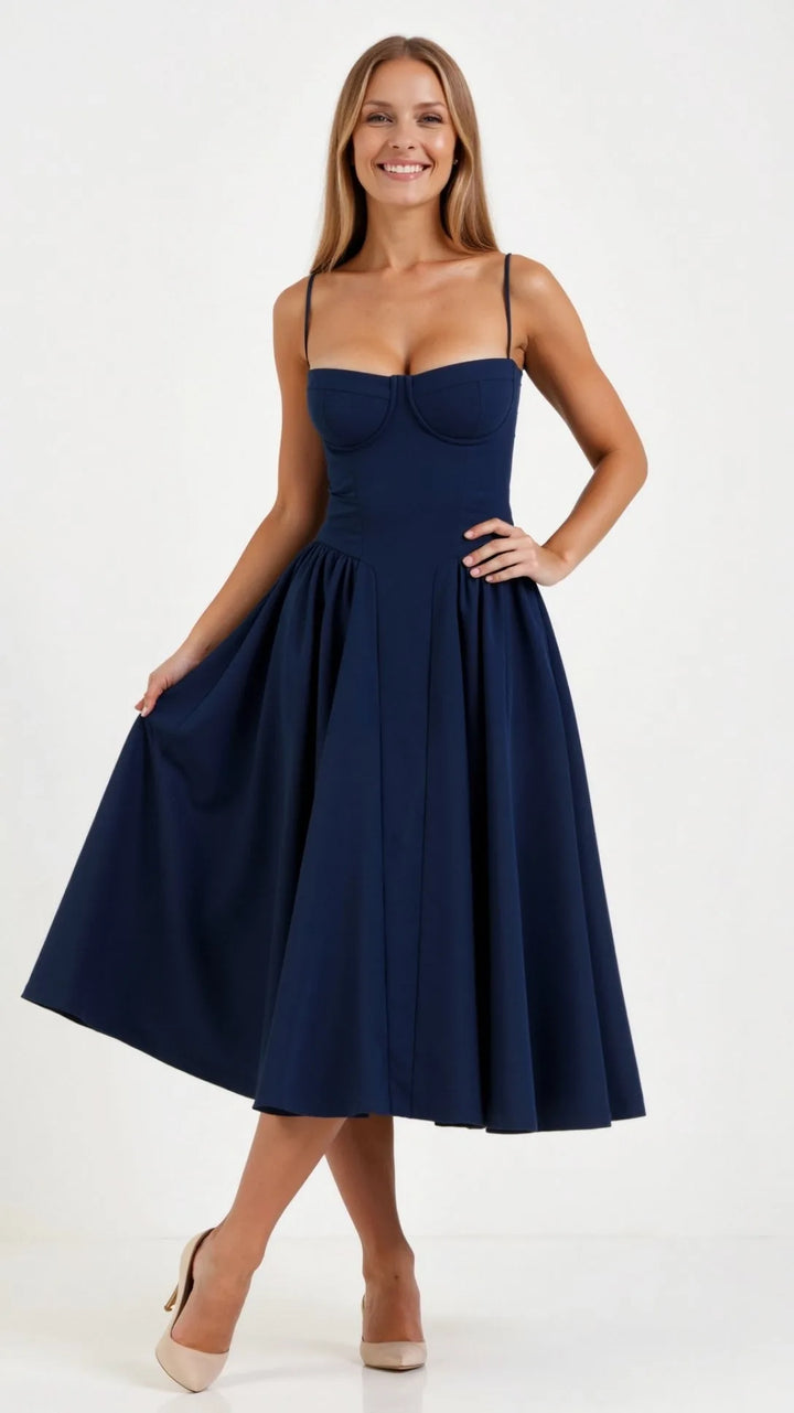 Navy floral corset midi dress on model, full-length view