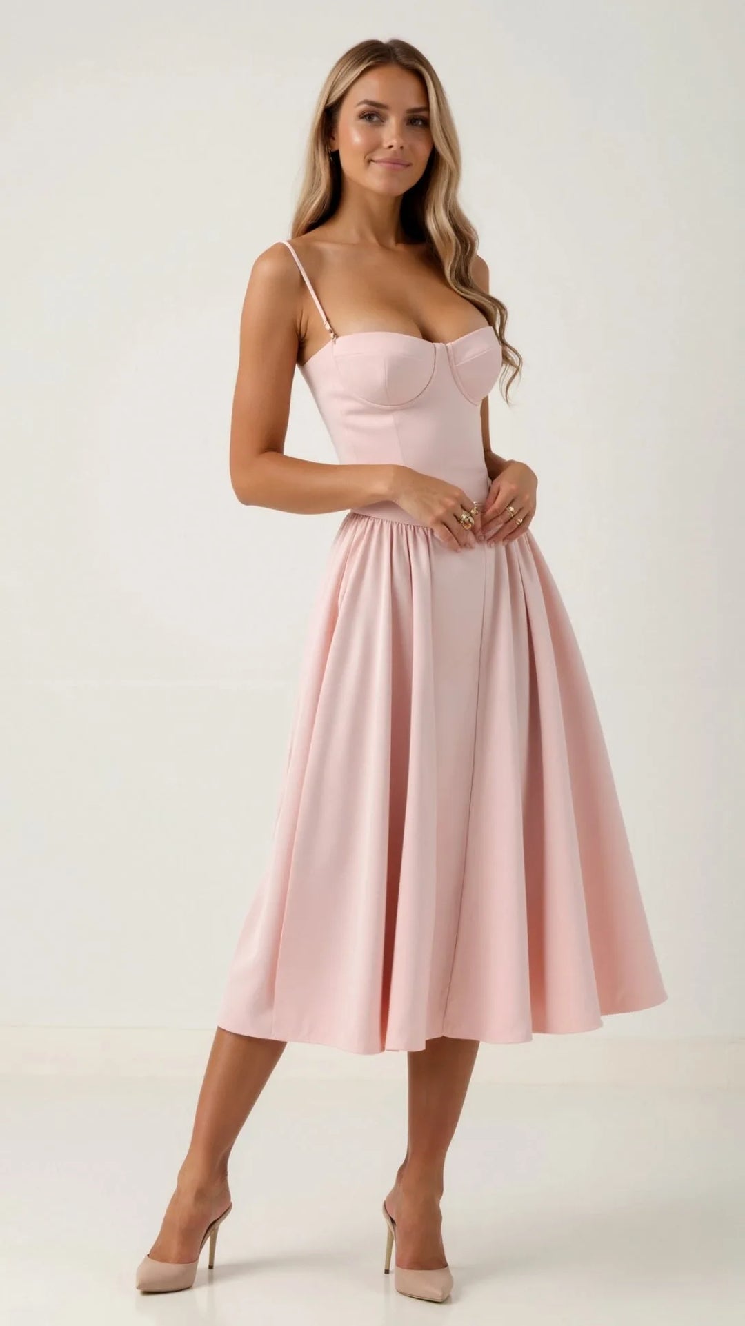 Pink floral corset midi dress on model, full-length view