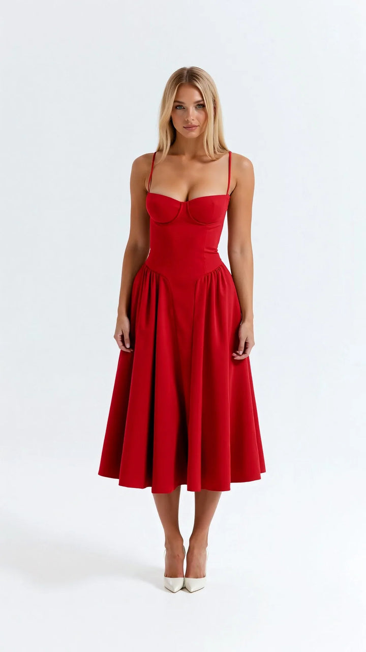 Red floral corset midi dress on model, full-length view