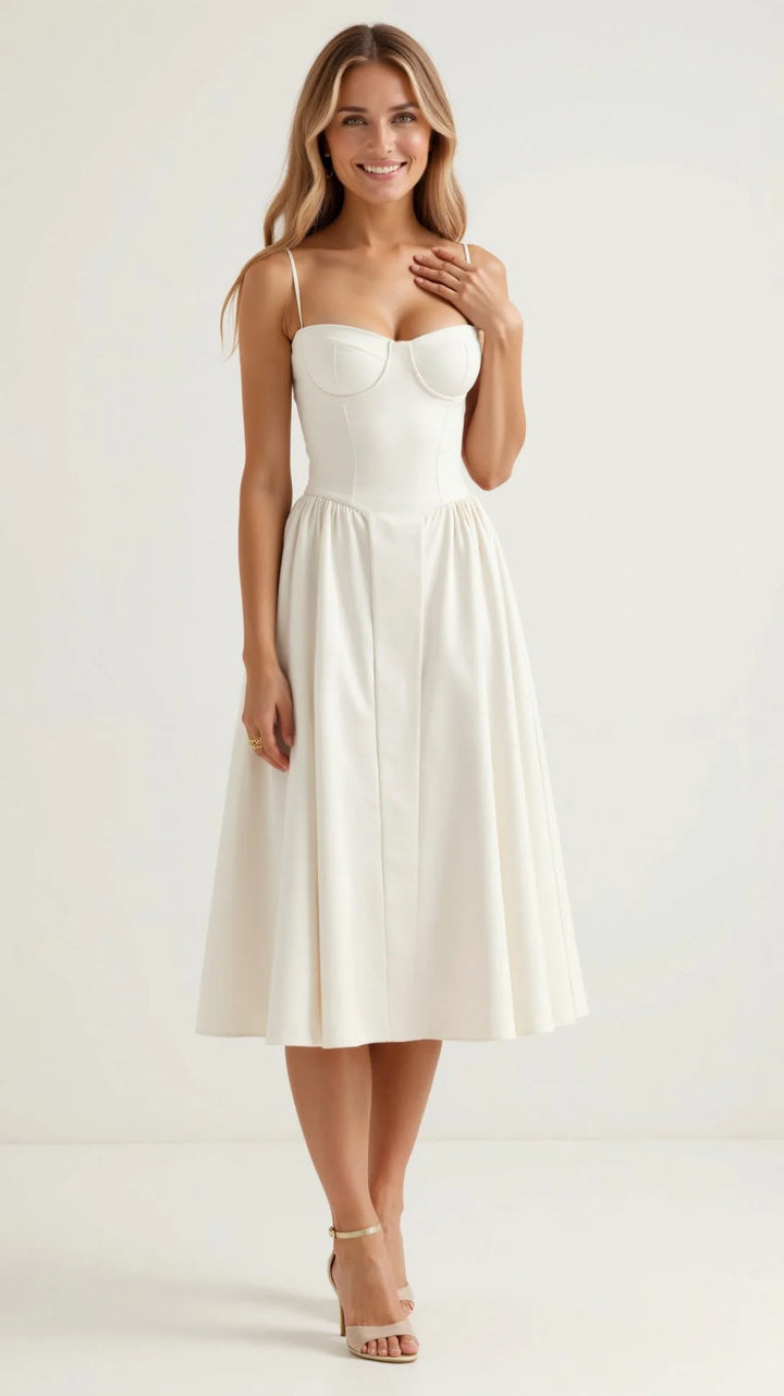 White floral corset midi dress on model, full-length view