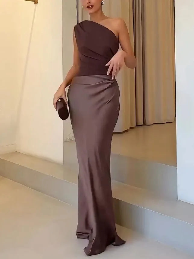 Brown one-shoulder floor-length gown on a model, alternate view