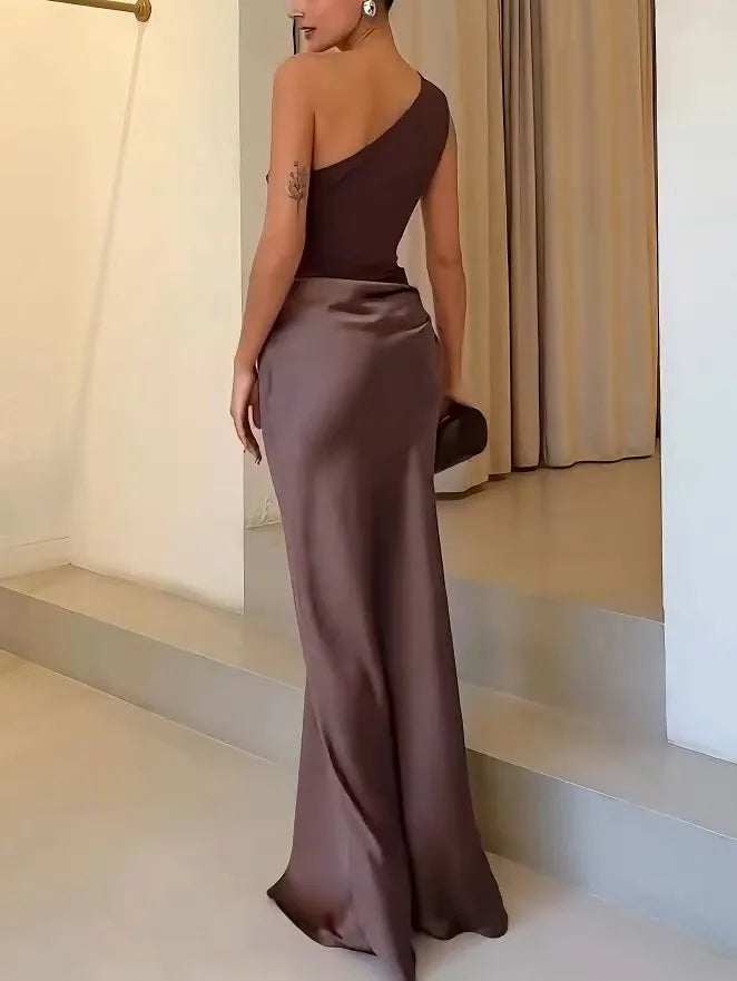 Brown one-shoulder floor-length gown on a model, alternate view