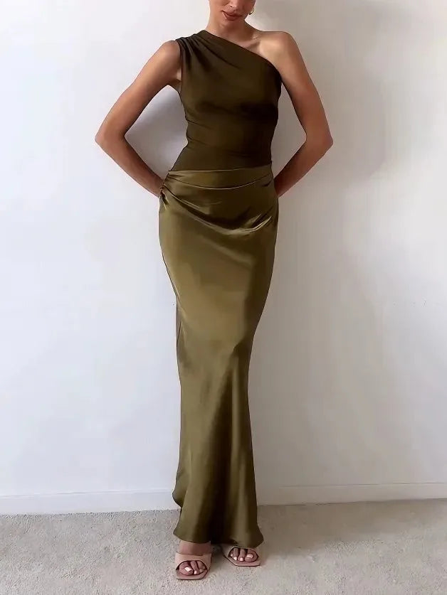 Brown one-shoulder floor-length gown on a model, alternate view