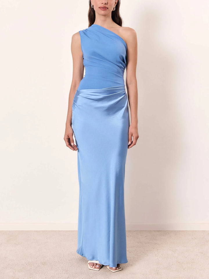 Brown one-shoulder floor-length gown on a model, alternate view