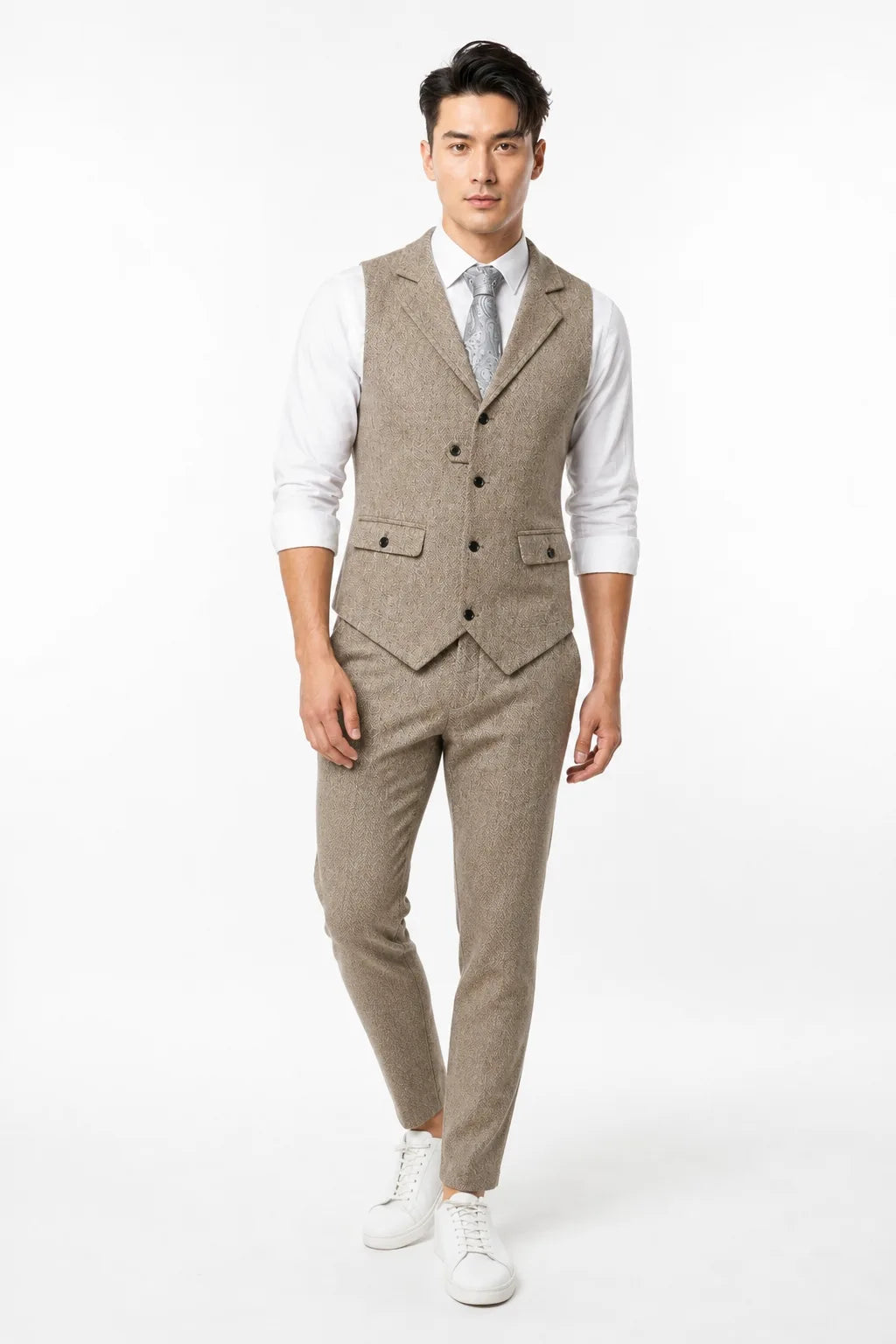 Beige notch lapel waistcoat on a model in a contrapposto stance