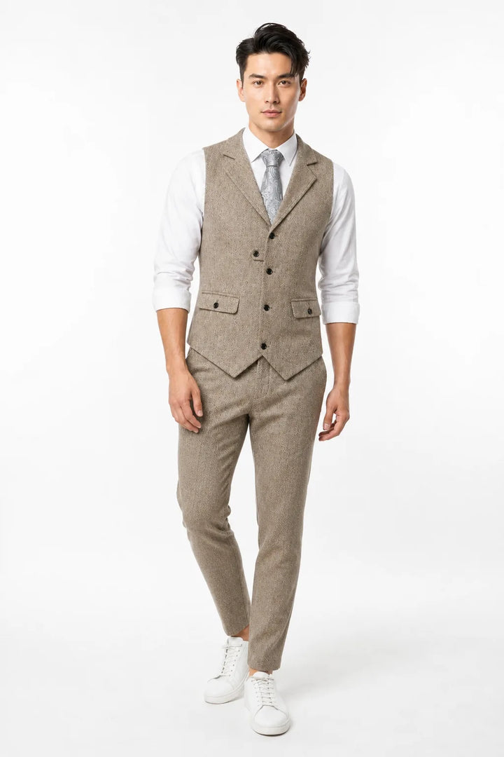 Beige notch lapel waistcoat on a model in a contrapposto stance
