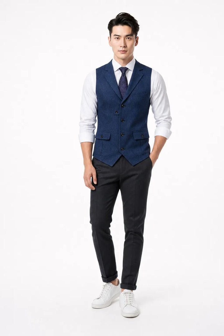 Blue notch lapel waistcoat on a model in a contrapposto stance
