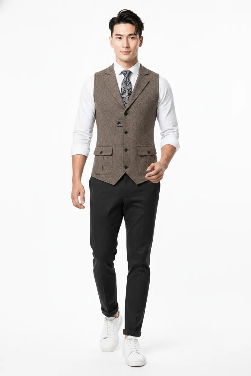 Brown notch lapel waistcoat on a model in natural movement