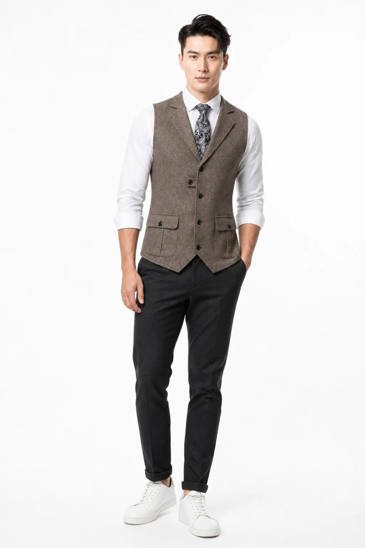 Brown notch lapel waistcoat on a model in a contrapposto stance