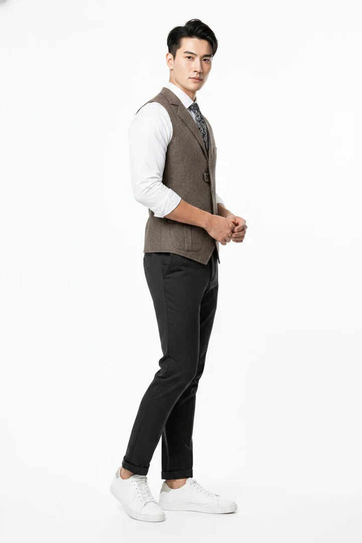 Brown notch lapel waistcoat on a model in a three-quarter turn