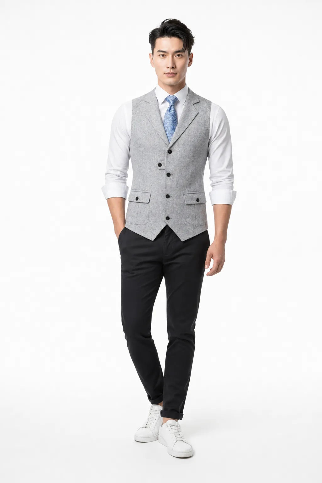 Gray notch lapel waistcoat on a model in a contrapposto stance