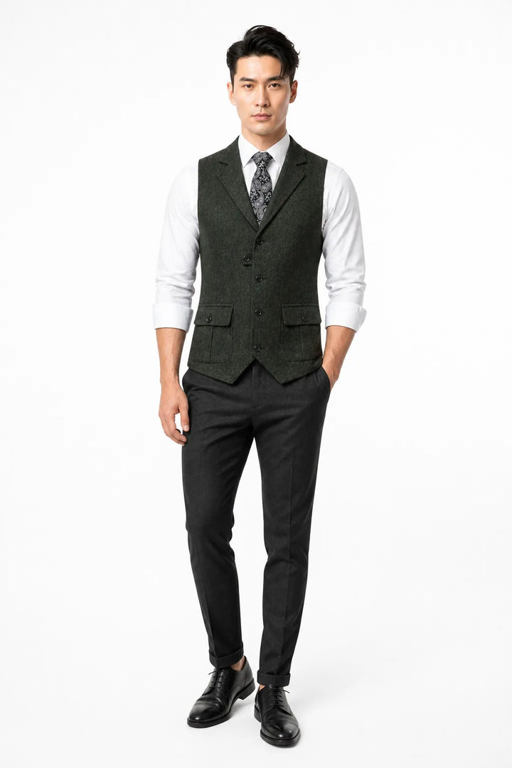 Green notch lapel waistcoat on a model in a contrapposto stance