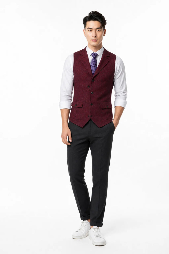 Red notch lapel waistcoat on a model in a contrapposto stance