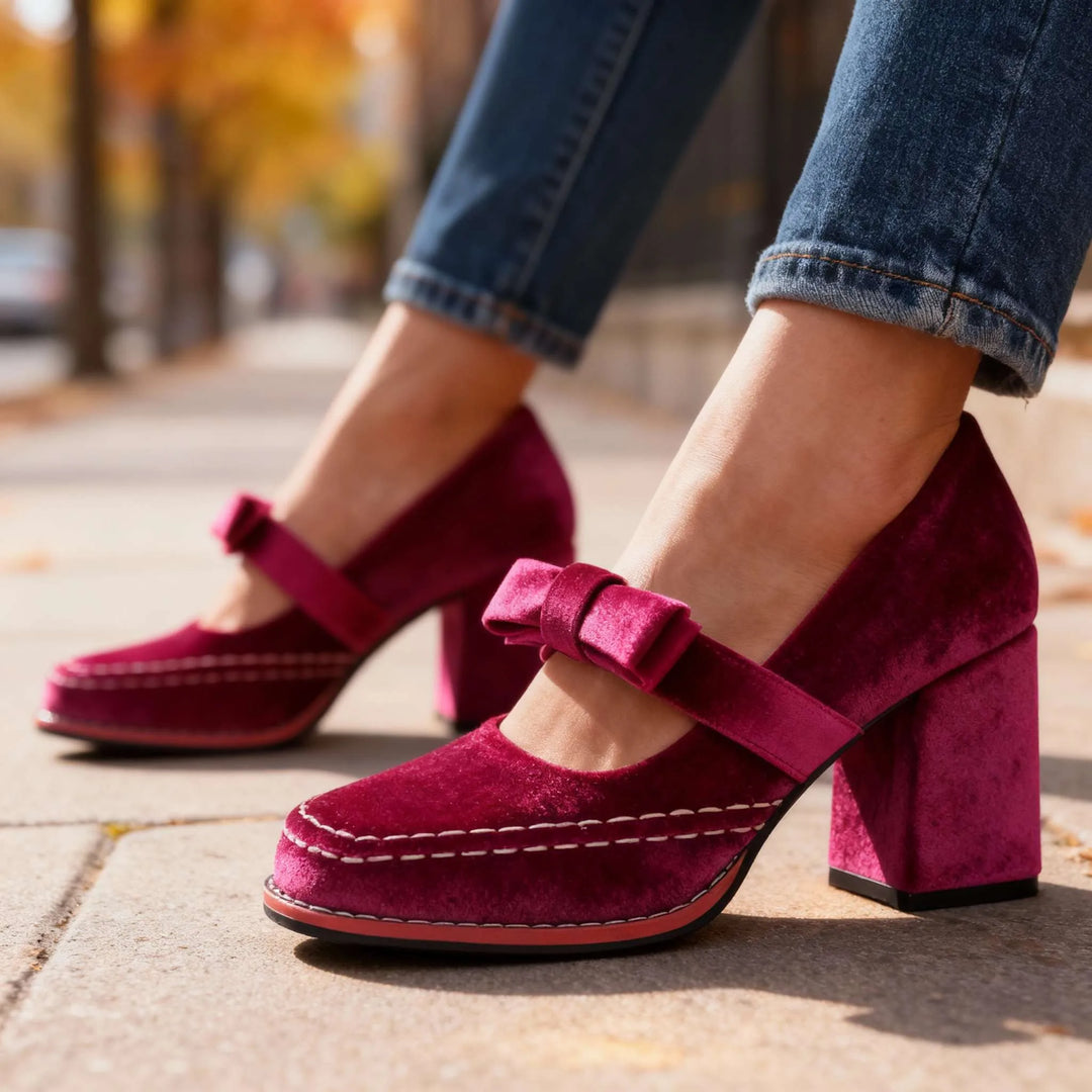 Pink velvet Mary Jane pump with bow detail, heel view