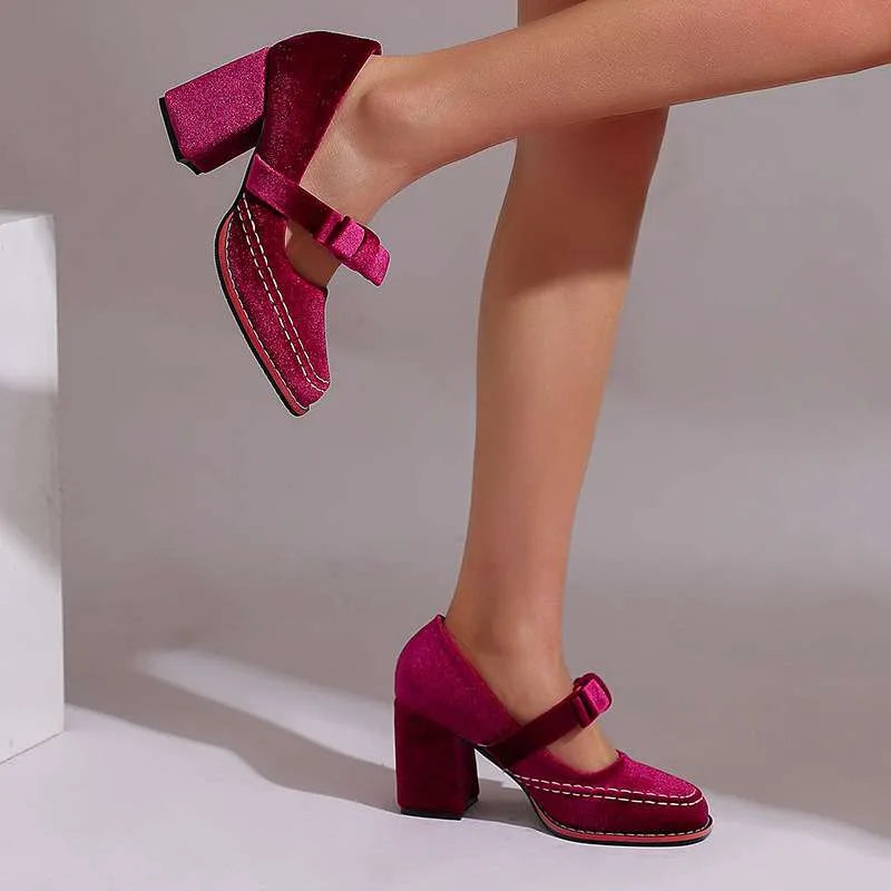 Pink velvet Mary Jane pump with bow detail, alternate view