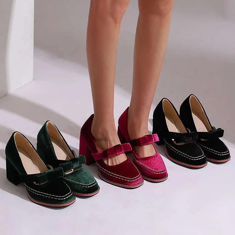 Pink velvet Mary Jane pump with bow detail, alternate view