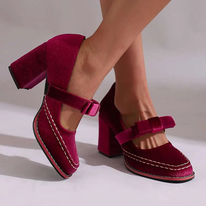 Pink velvet Mary Jane pump with bow detail, alternate view