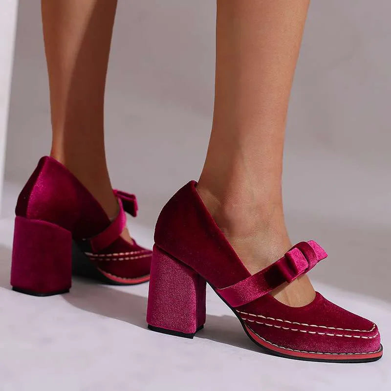 Pink velvet Mary Jane pump with bow detail, alternate view