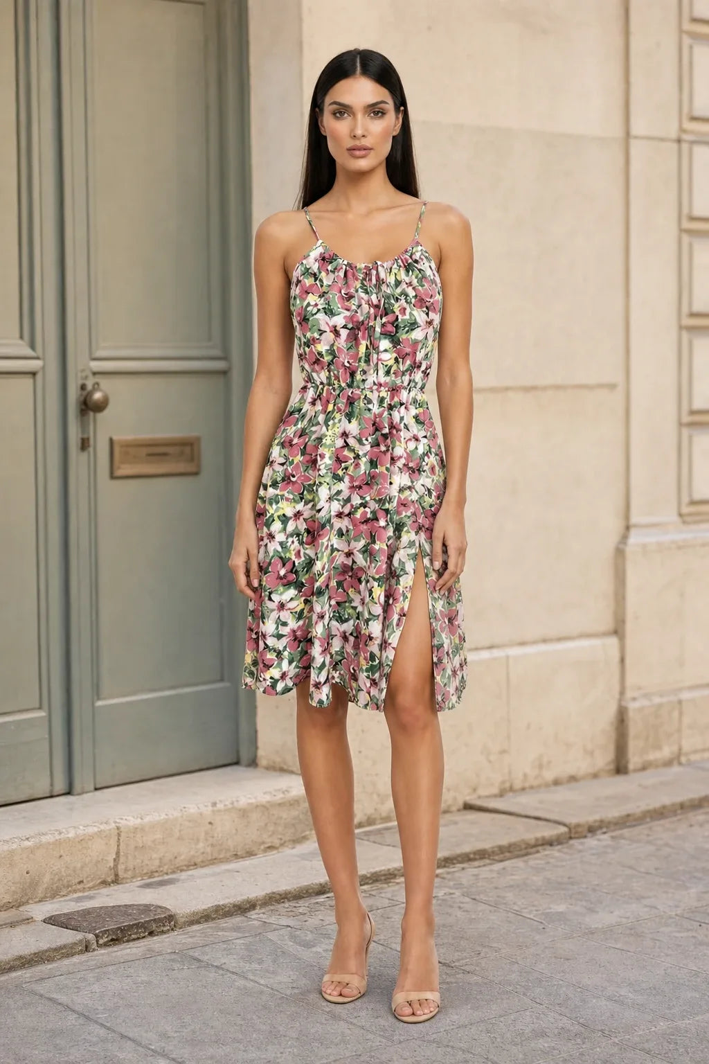 Pink floral halter sundress on model in contrapposto stance