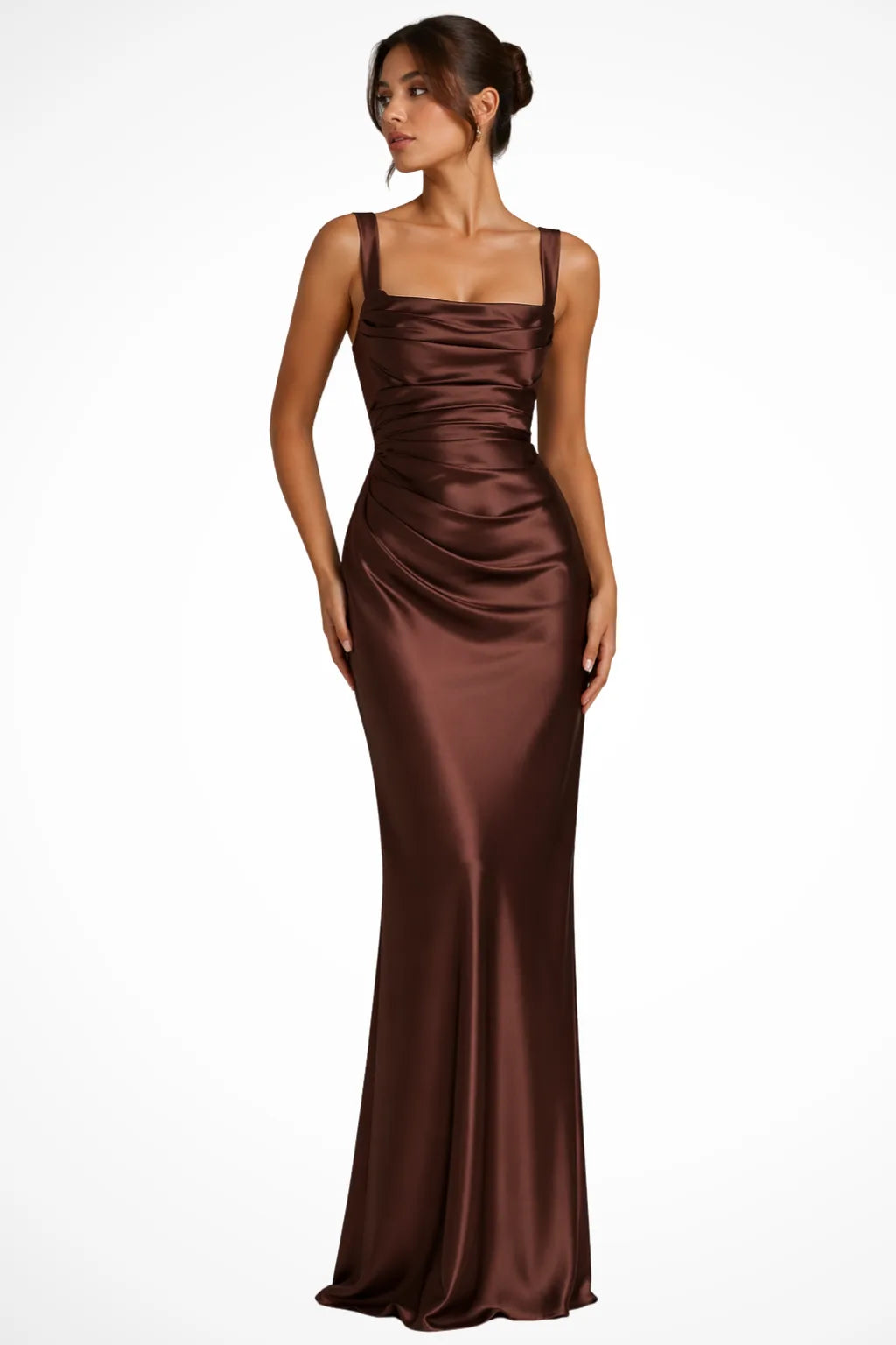 Brown corset lace-up gown on a model in a side pose