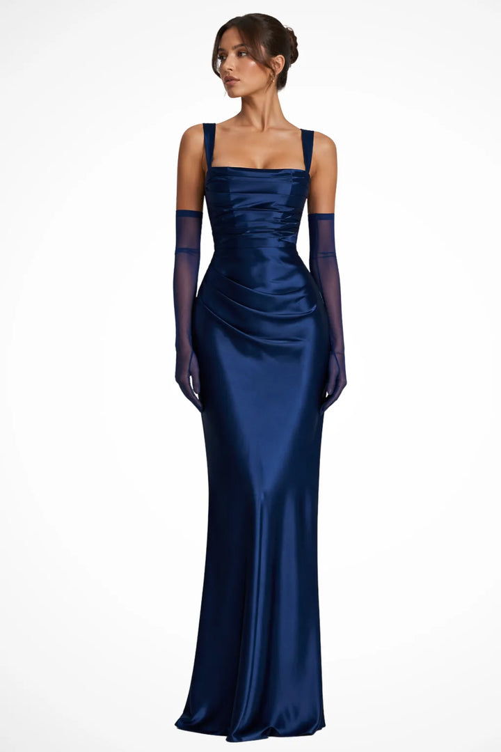Close-up detail of a navy blue corset lace-up gown