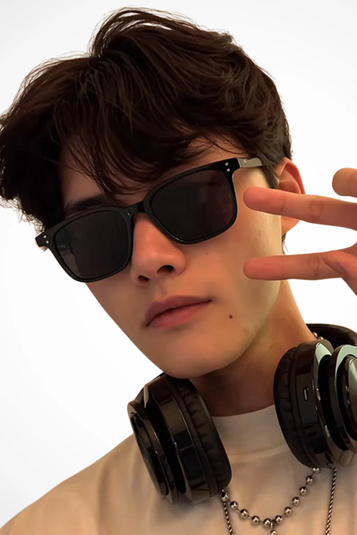 Square acetate glasses in solid black, front view