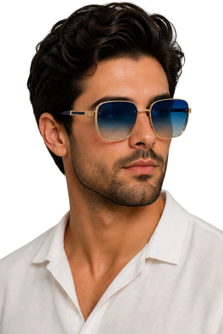 Square metal double bridge eyeglasses in blue shown from the front
