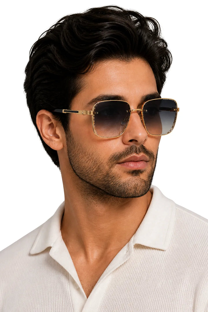 Square metal double bridge eyeglasses in dark gray shown from the front