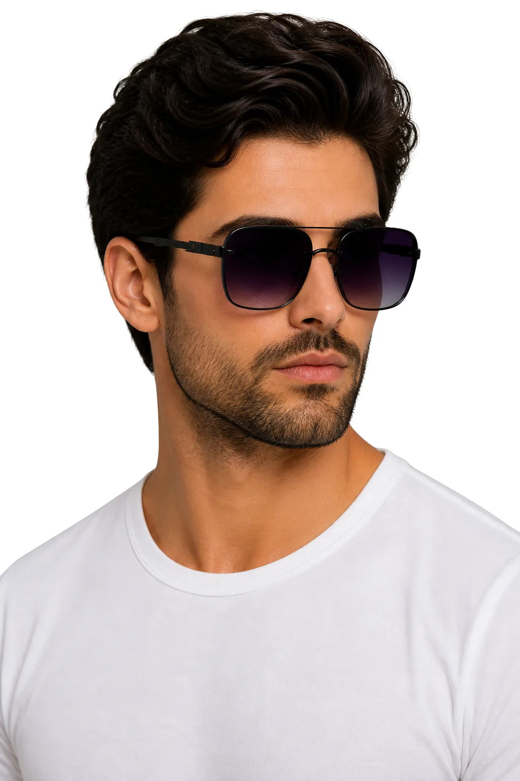 Square metal double bridge eyeglasses in dark indigo shown from the front