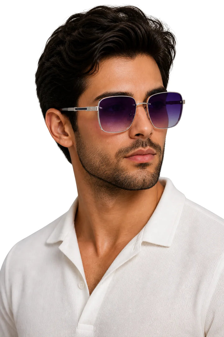 Square metal double bridge eyeglasses in indigo shown from the front