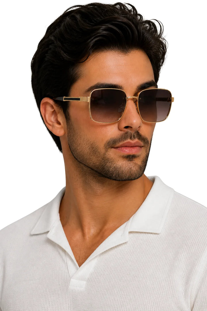 Square metal double bridge eyeglasses in slate gray shown from the front