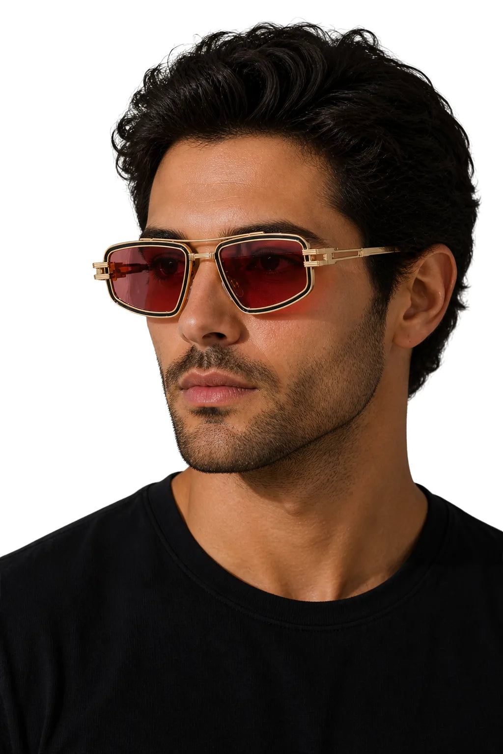Deep amber rectangular double bridge metal sunglasses on model, front view