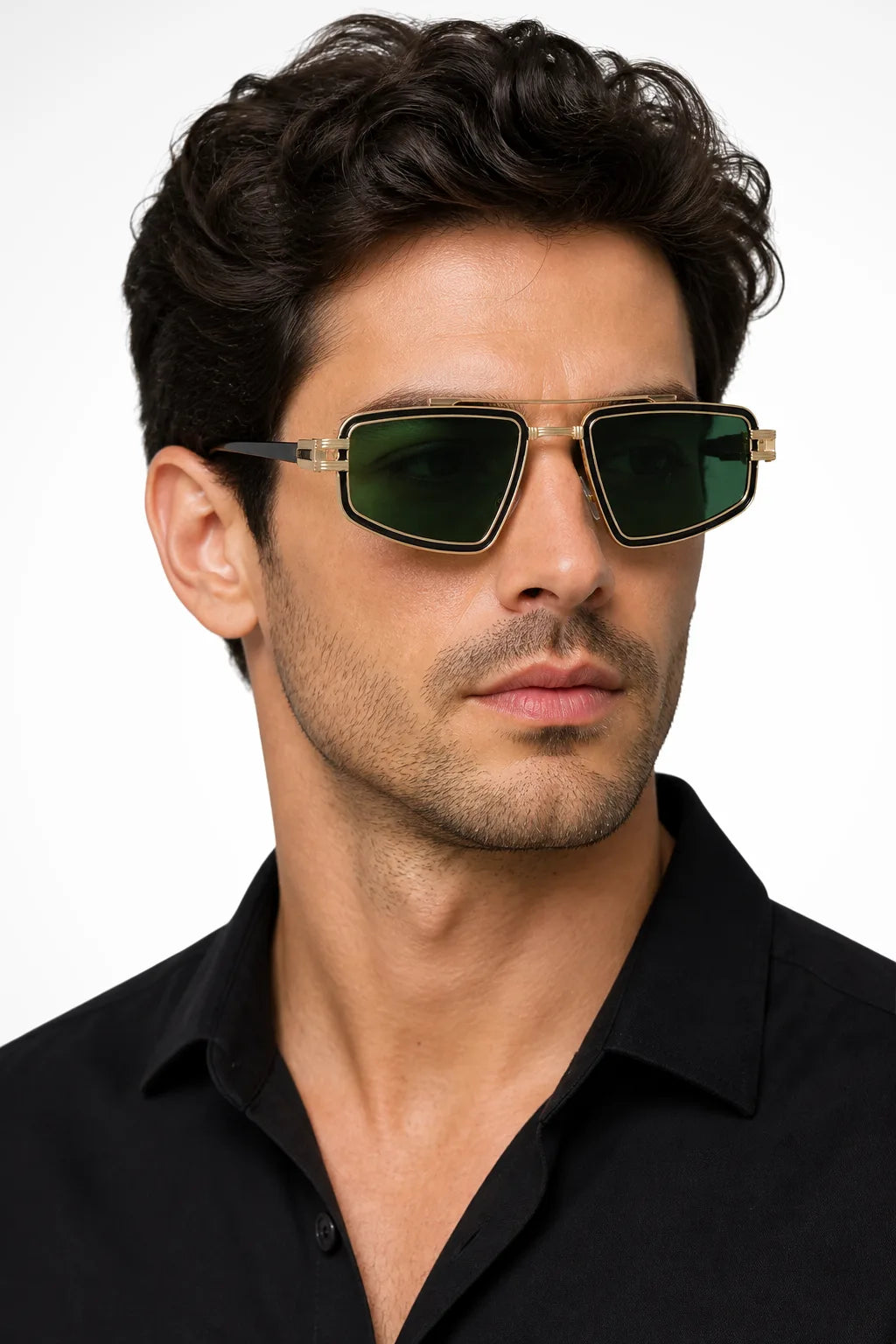 Green rectangular double bridge metal sunglasses on model, front view