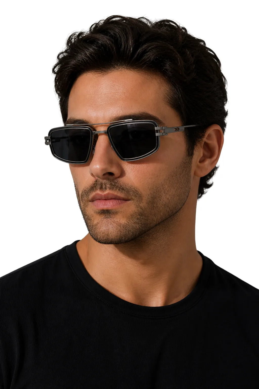 Midnight black rectangular double bridge metal sunglasses on model, front view