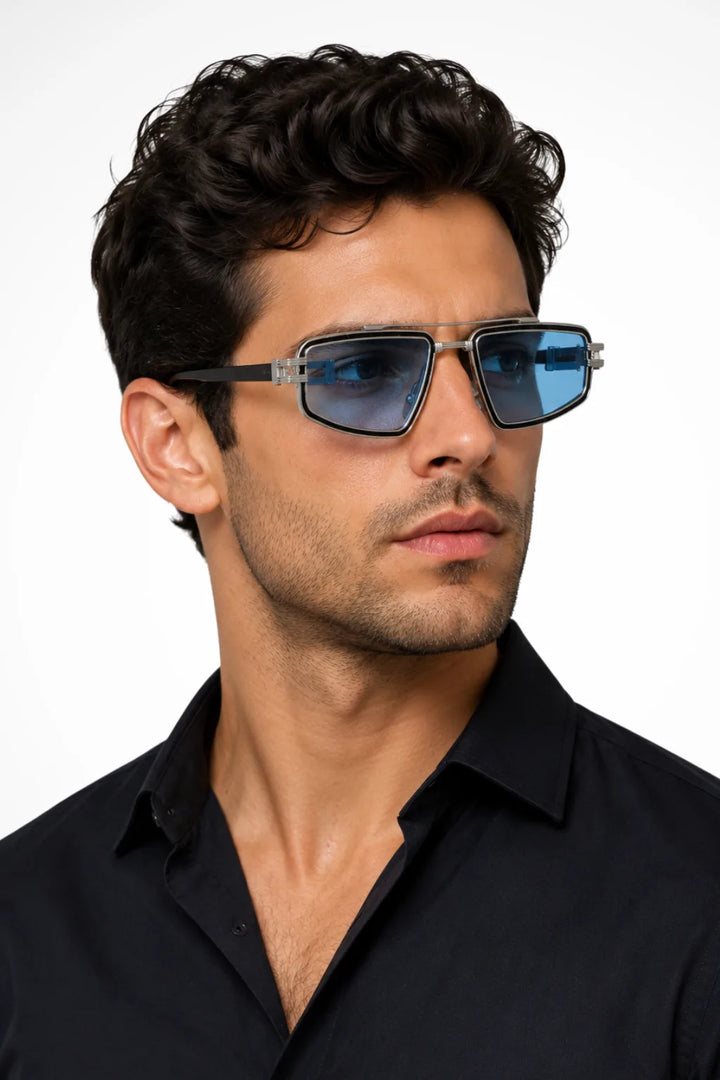 Sky blue rectangular double bridge metal sunglasses on model, front view