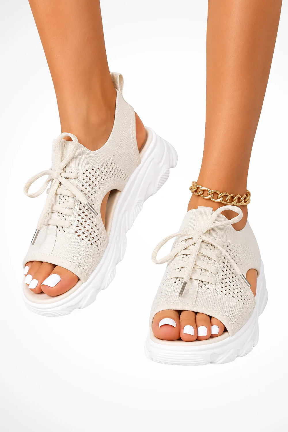 Beige chunky sole sneaker sandal, front view