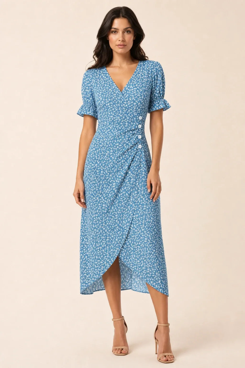 Blue flutter sleeve wrap midi dress on model in contrapposto stance