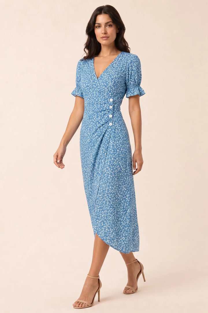 Blue flutter sleeve wrap midi dress on model in three-quarter turn
