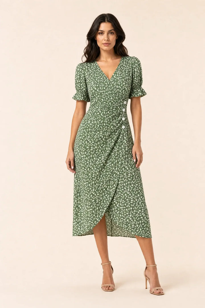 Green flutter sleeve wrap midi dress on model in contrapposto stance