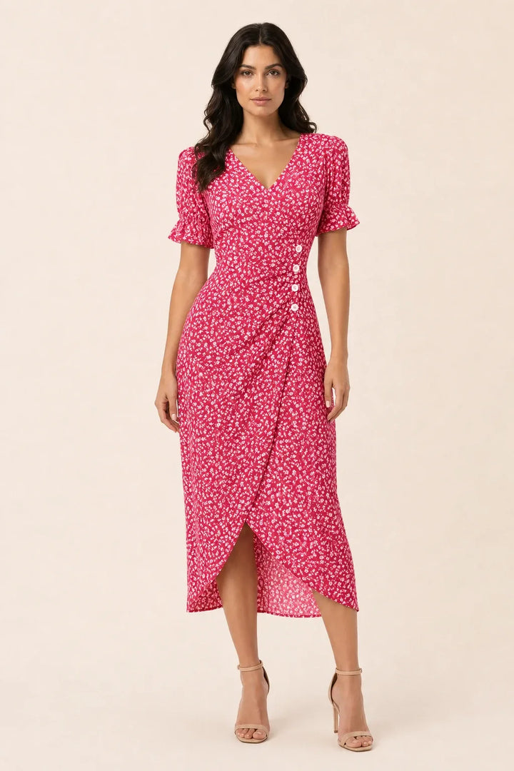 Red flutter sleeve wrap midi dress on model in contrapposto stance