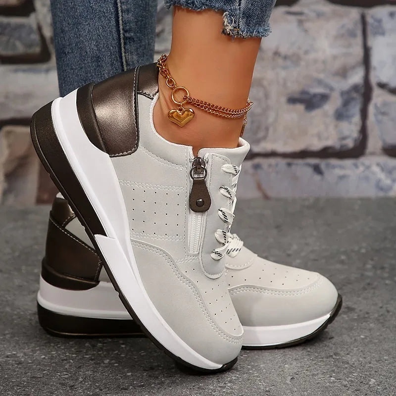 Blue wedge platform sneaker, close-up detail view