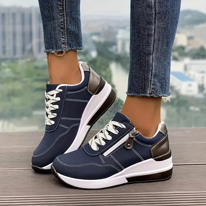 Blue wedge platform sneaker, front view