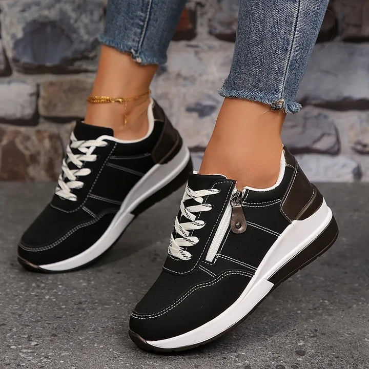 Blue wedge platform sneaker, side profile view