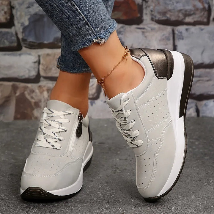 Gray suede wedge platform sneaker, heel view