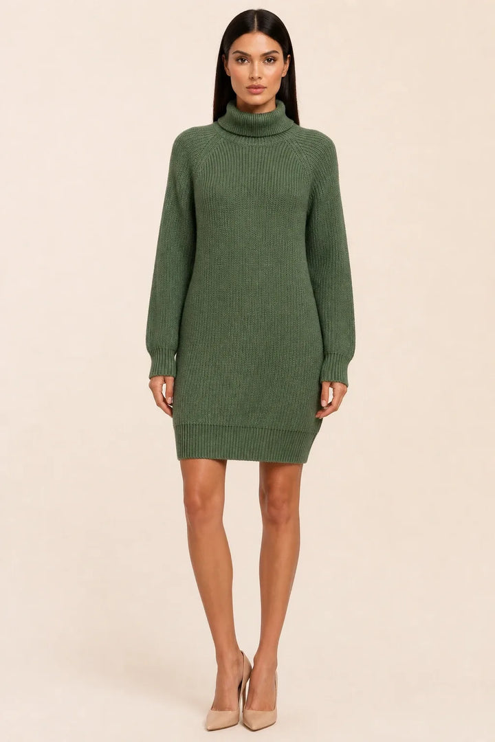 Green turtleneck sweater dress on a model in a contrapposto stance