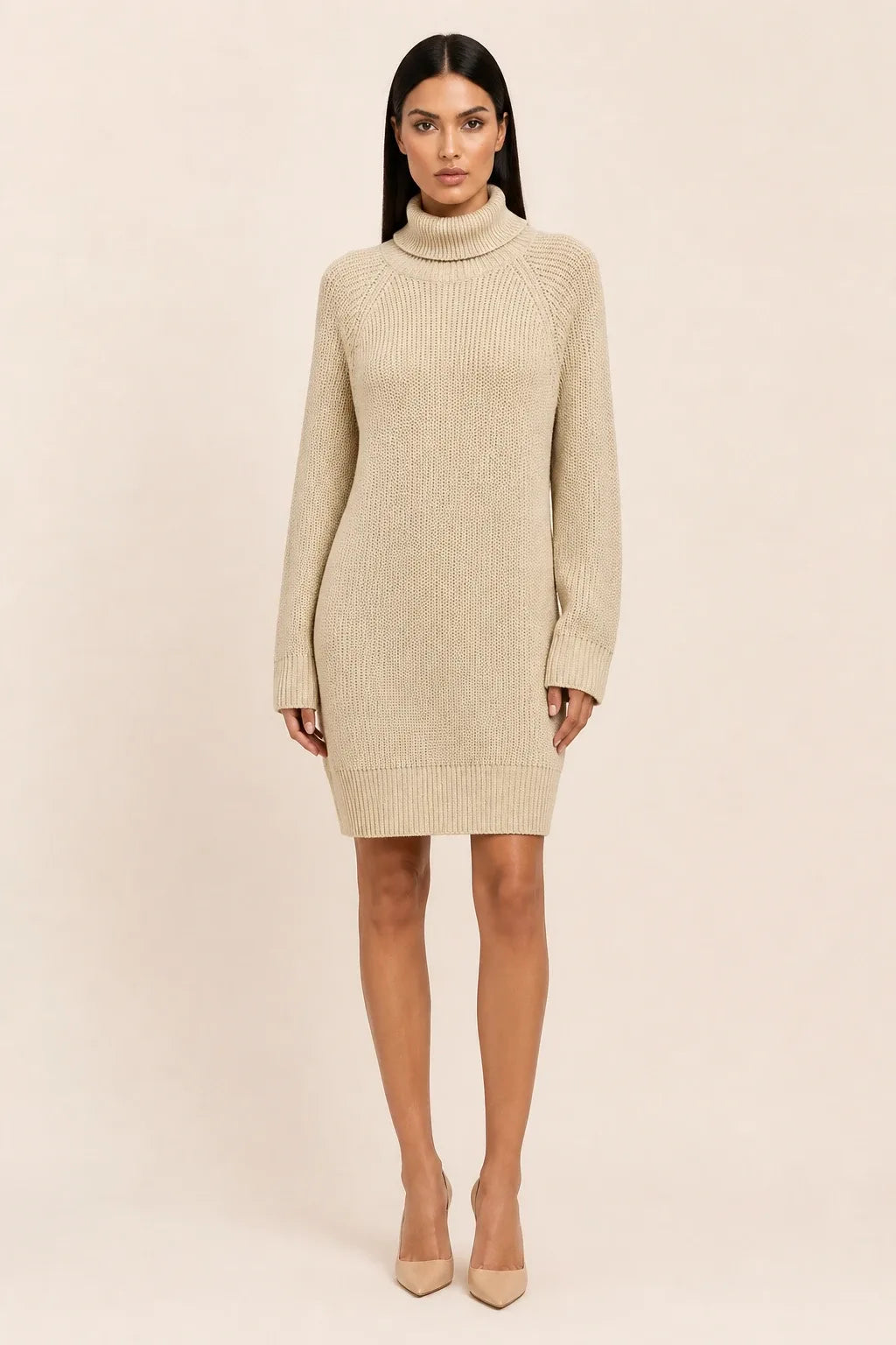 Khaki turtleneck sweater dress on a model in a contrapposto stance
