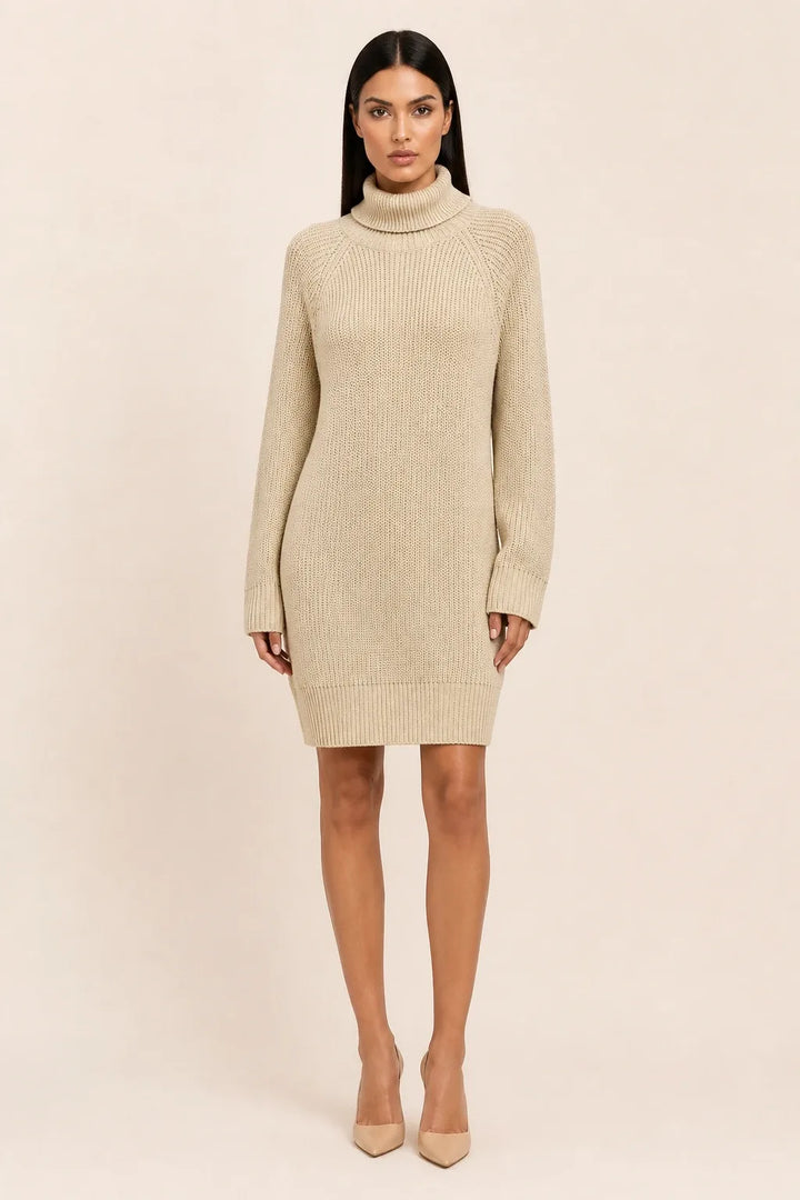 Khaki turtleneck sweater dress on a model in a contrapposto stance